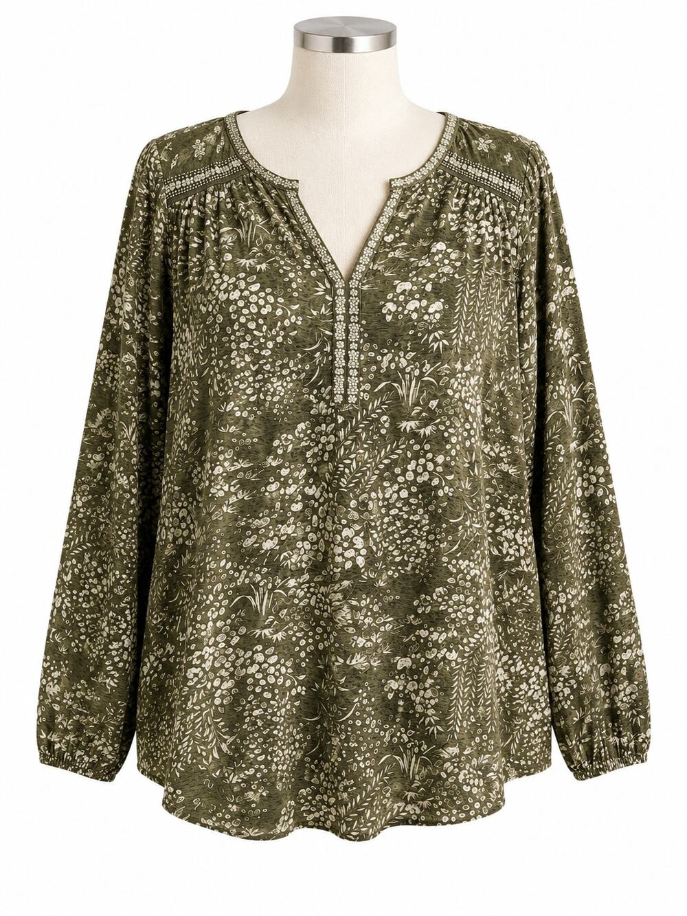 Lucky Brand Olive Floral Boho Long Sleeve Peasant Top - Size 2X